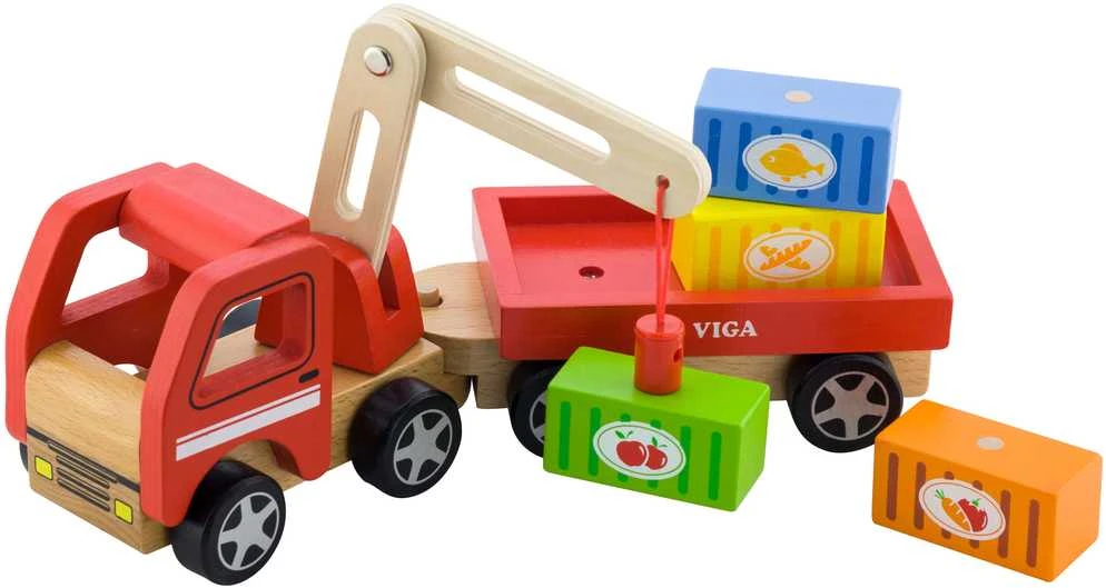 Viga Toys Medinis Kranas su Konteineriais