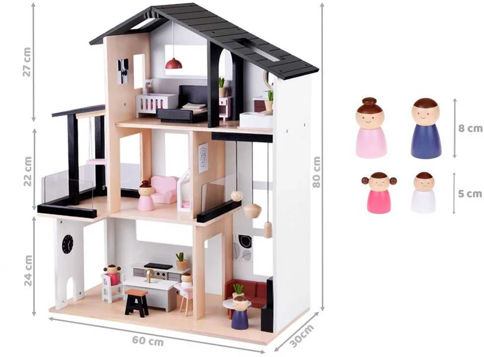 Jokomisiada Šiuolaikinis medinis lėlių namelis LOFT stiliumi + lėlių baldai ZA5073