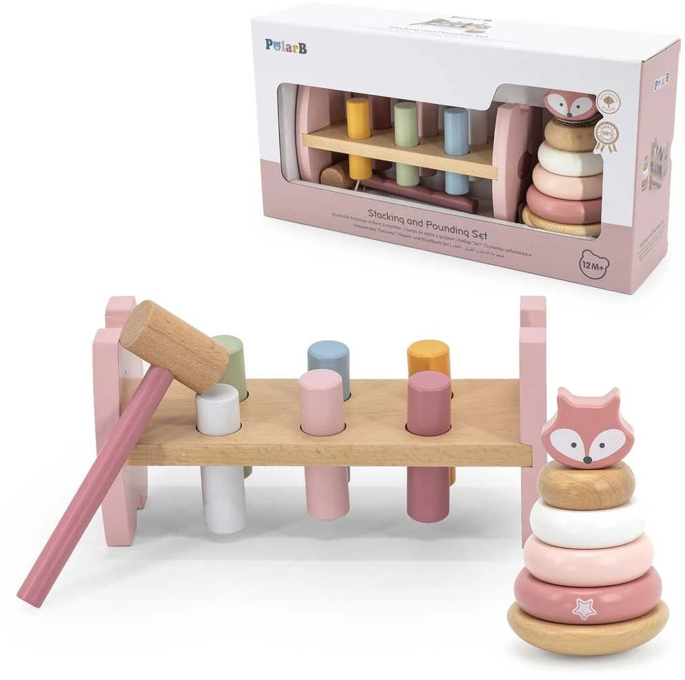 Viga Toys rinkinys Medinė piramidė + plaktukas Montessori Fox