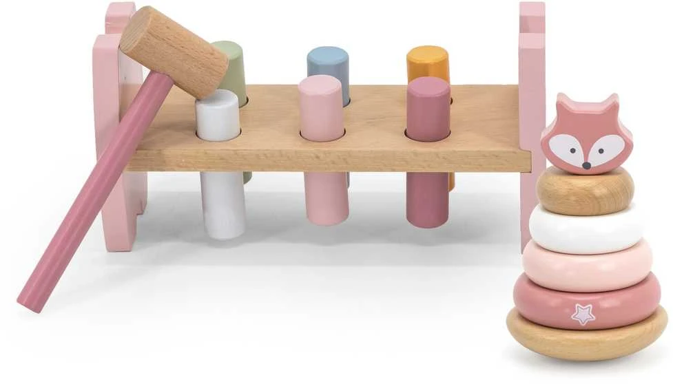 Viga Toys rinkinys Medinė piramidė + plaktukas Montessori Fox