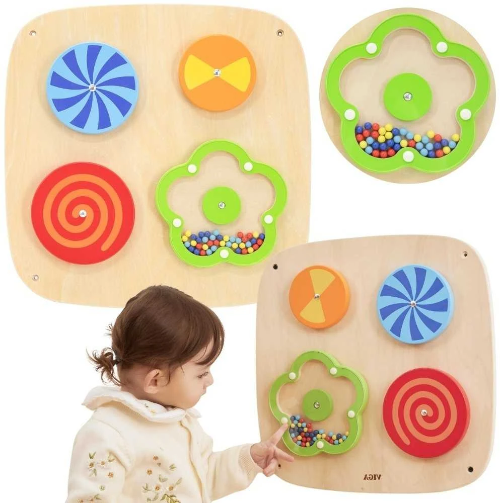 Viga Toys Medinis sieninis veiklos skydelis VIGA su besisukančiais raštais vaikams