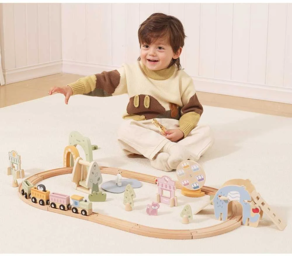 Viga Toys Medinis traukinys vaikams su bėgiais 62 dalių rinkinys
