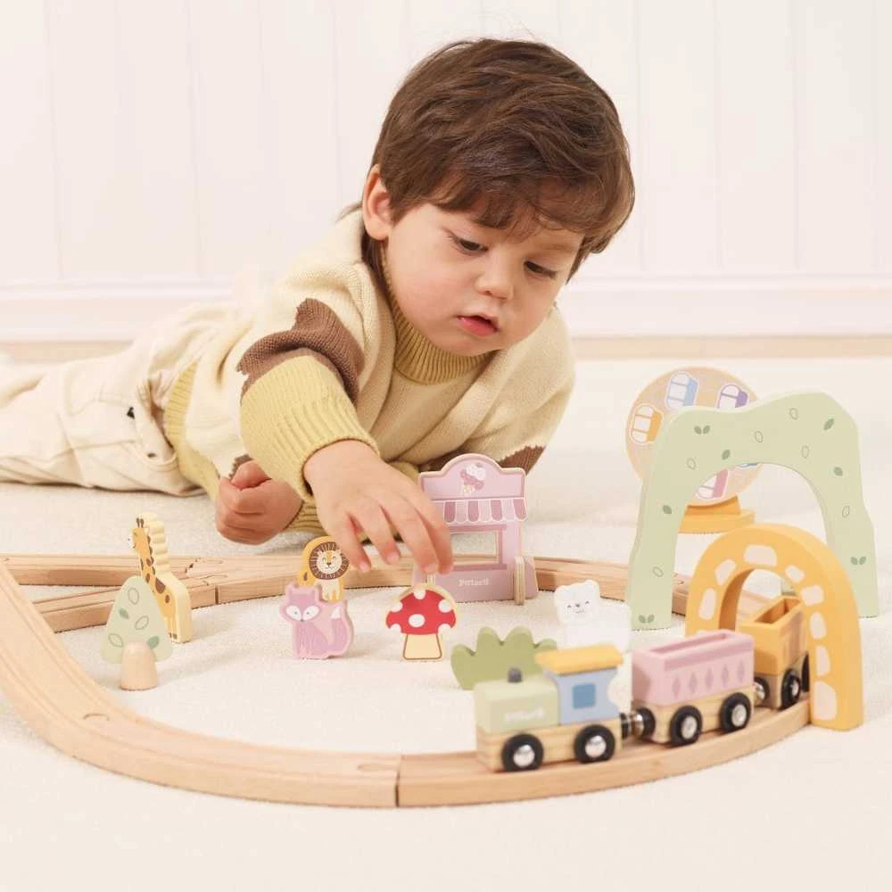 Viga Toys Medinis traukinys vaikams su bėgiais 62 dalių rinkinys