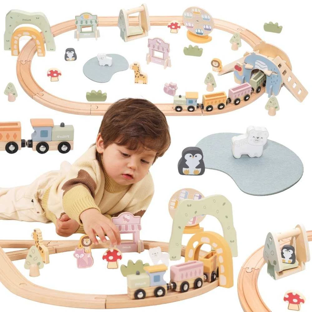 Viga Toys Medinis traukinys vaikams su bėgiais 62 dalių rinkinys