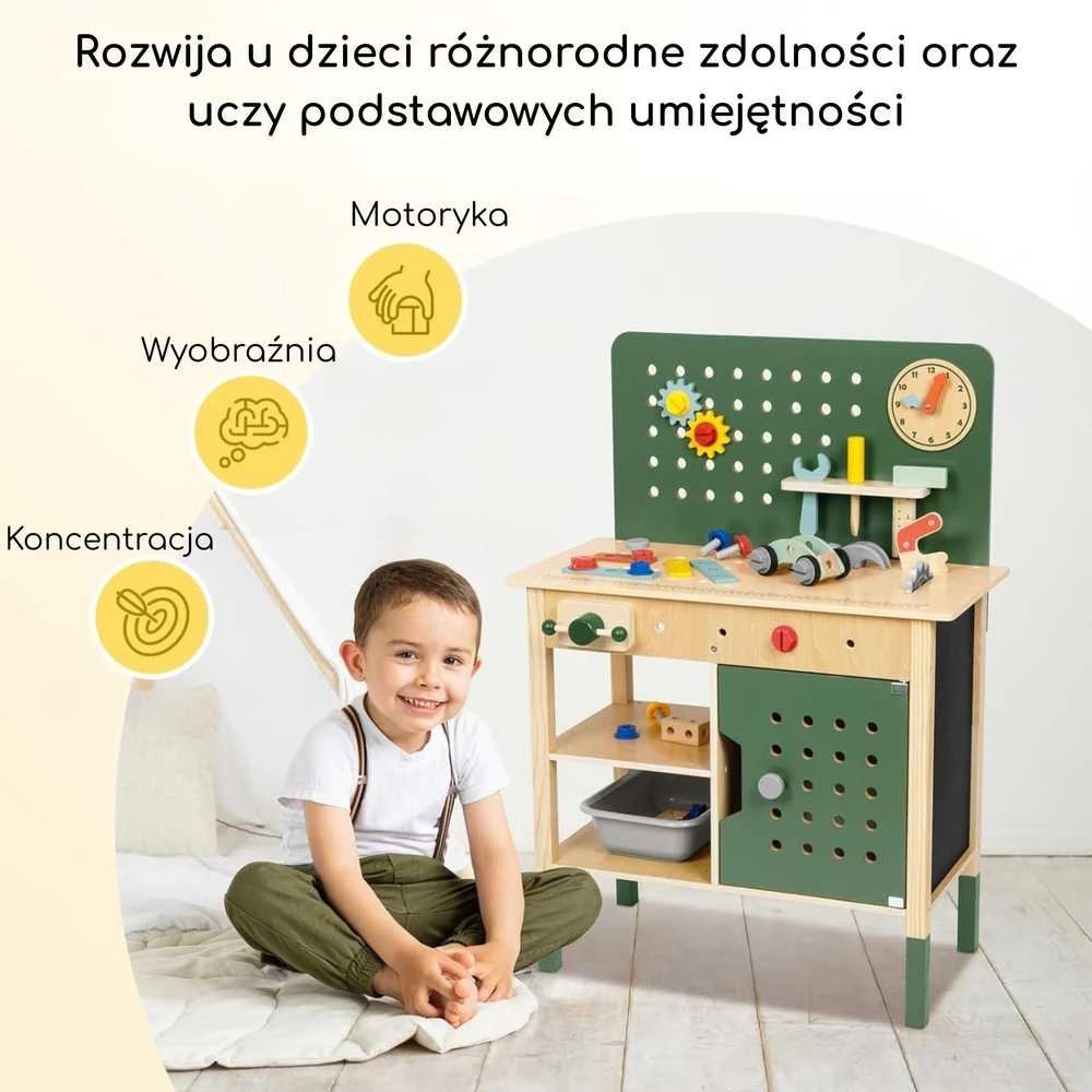 Medinis vaikiškas darbo stalas su įrankiais WOOPIE Žalias