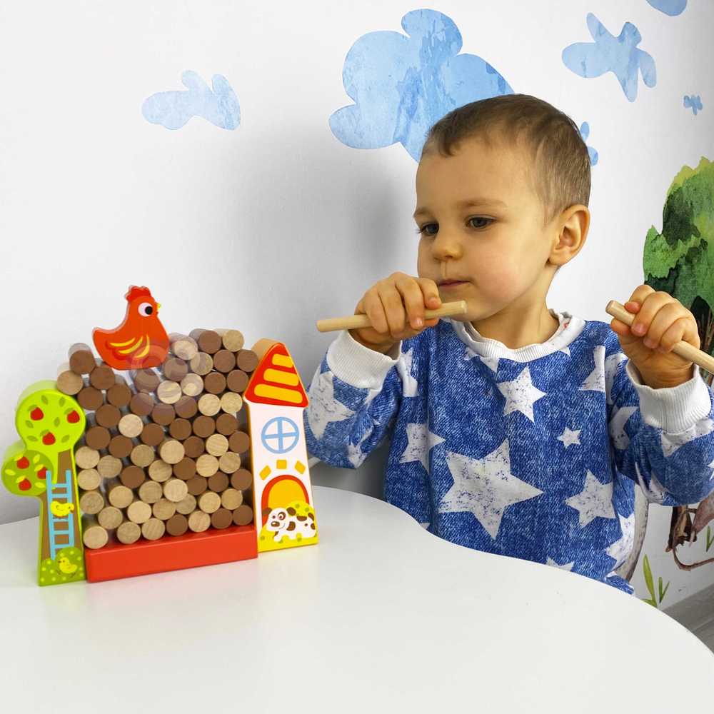 Tooky Toys Paimtas žaislas Jenga krintantis vištienos medinis ūkis