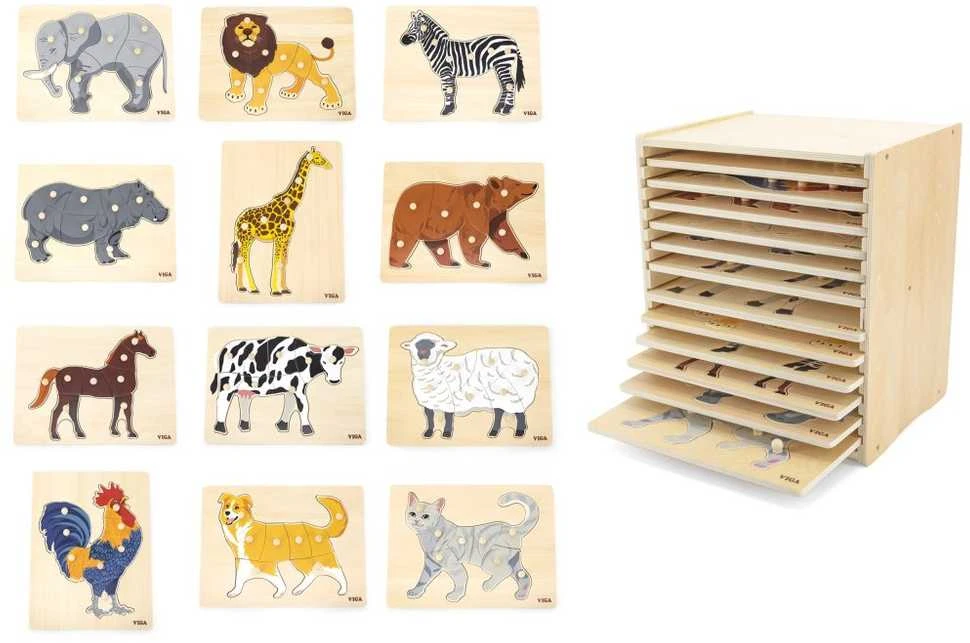 Dėlionė Viga Toys Viga medinis galvosūkių komplektas 12 galvosūkių gyvūnai Montessori + Stendas