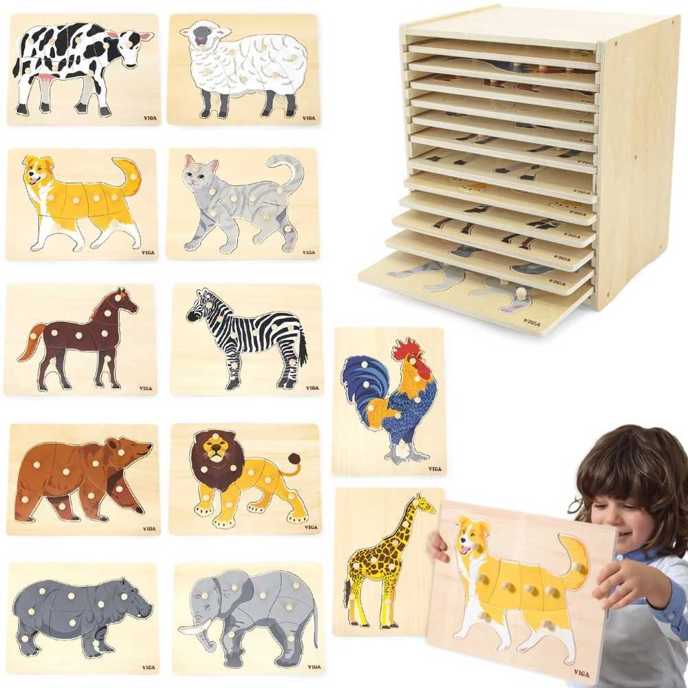 Dėlionė Viga Toys Viga medinis galvosūkių komplektas 12 galvosūkių gyvūnai Montessori + Stendas