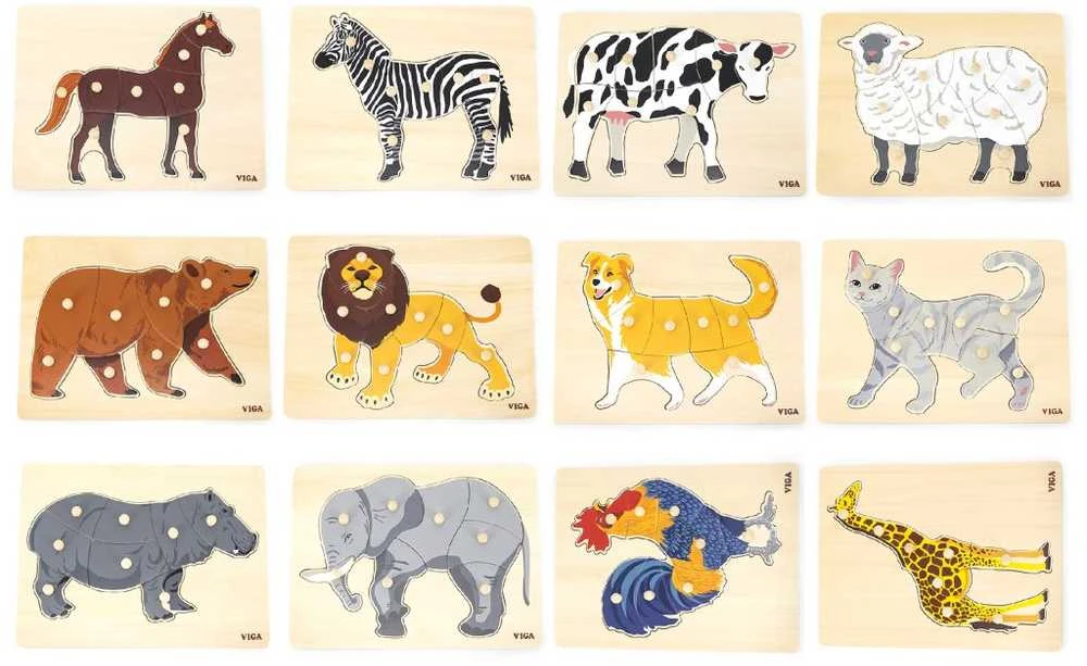 Dėlionė Viga Toys Viga medinis galvosūkių komplektas 12 galvosūkių gyvūnai Montessori + Stendas