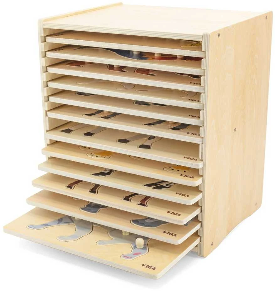 Dėlionė Viga Toys Viga medinis galvosūkių komplektas 12 galvosūkių gyvūnai Montessori + Stendas