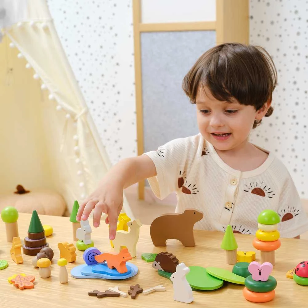 Viga Toys Medinių kaladėlių rinkinys VIGA Miško istorijų pasaulis 58 vnt