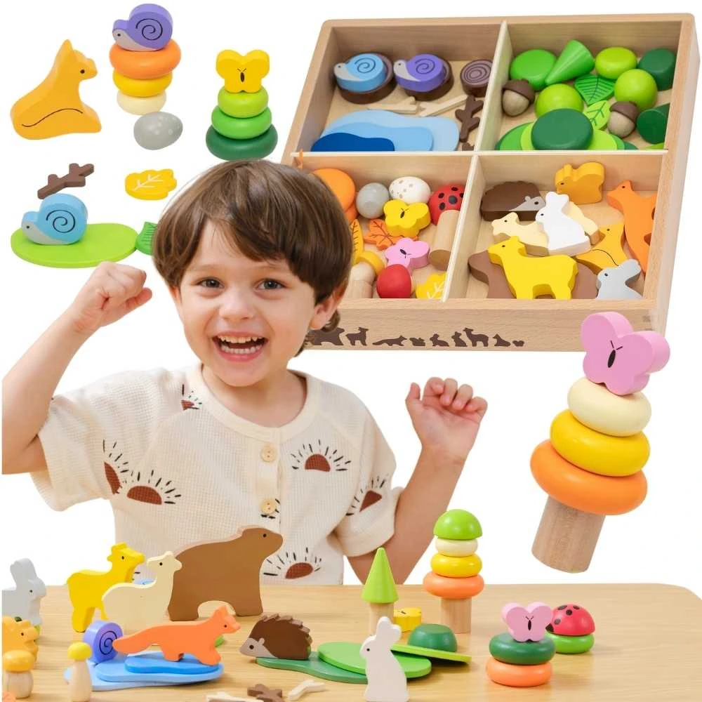 Viga Toys Medinių kaladėlių rinkinys VIGA Miško istorijų pasaulis 58 vnt