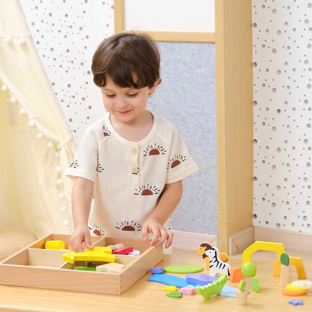 Viga Toys Medinių kaladėlių rinkinys VIGA Tropinių istorijų pasaulis 55 vnt