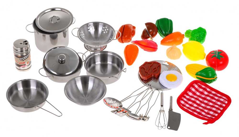 Ramiz Mega virtuvės rinkinys vaikams 3+ Metaliniai puodai + Virtuvės įrankiai + Maisto produktai 30 vnt.