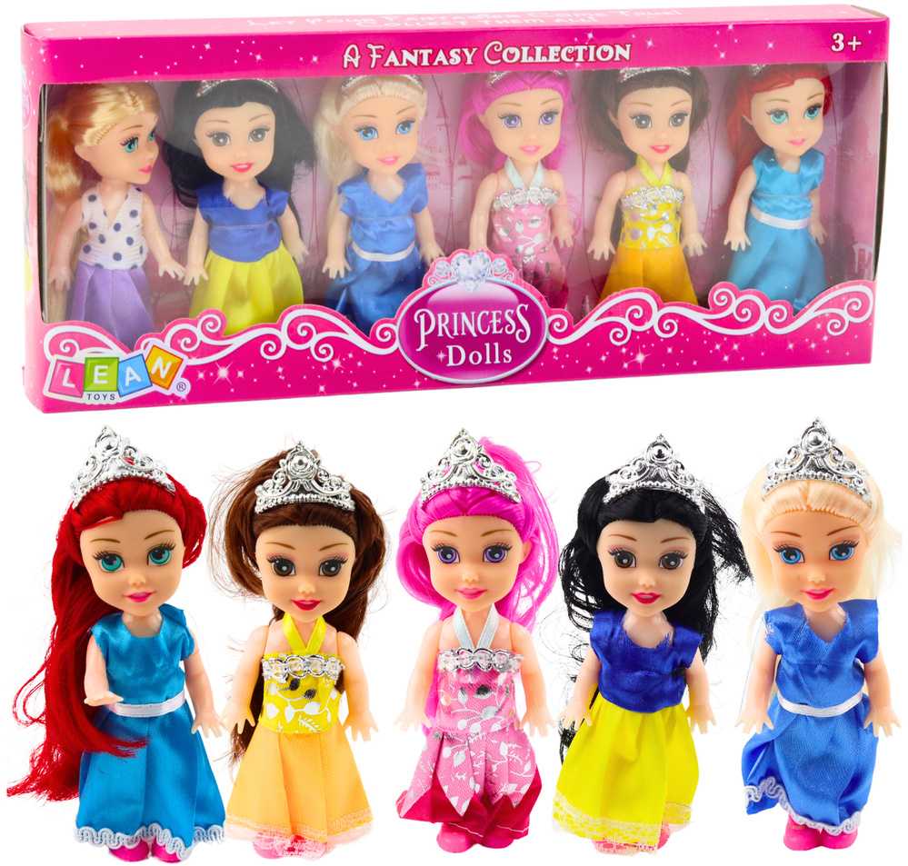 Lean Toys Mini princesių lėlių rinkinys su pasakų suknelėmis, 6 vnt.