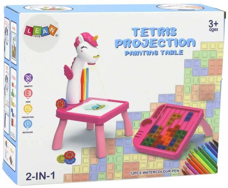 Lean Toys Mini projektorius su Tetris piešimo stalu 2in1 Mėlynas Vienaragis