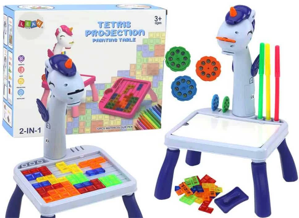 Lean Toys Mini projektorius su Tetris piešimo stalu 2in1 Mėlynas Vienaragis