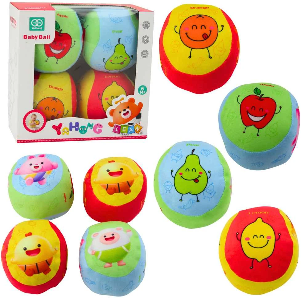Lean Toys 4 spalvotų minkštų kamuoliukų rinkinys vaikams su vaisių raštais