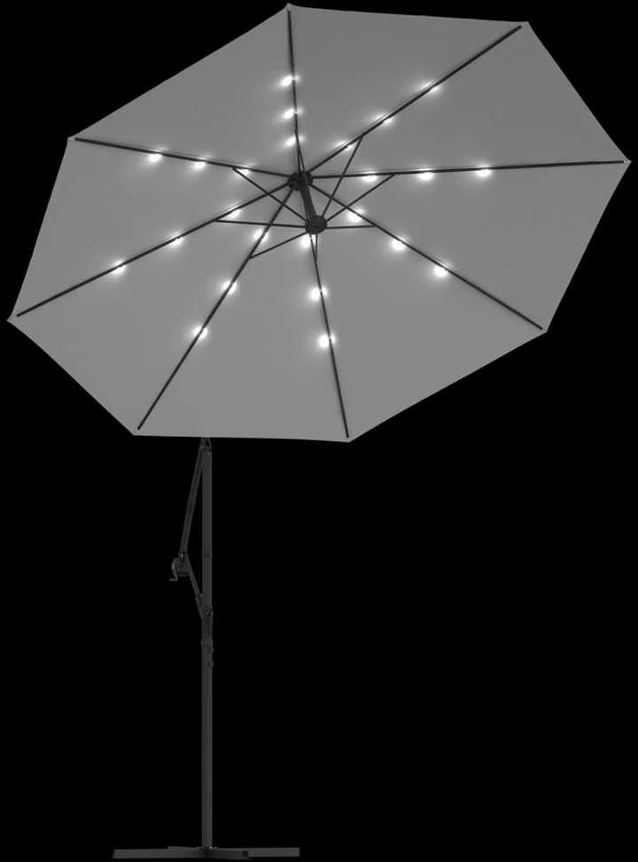 Pakabinamas skėtis su LED, smėlio, 300cm, metalinis kotas