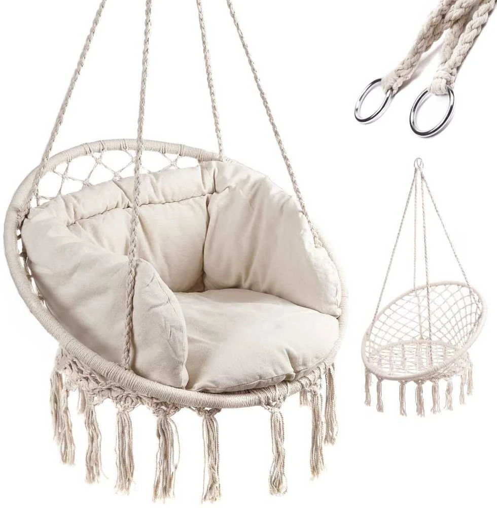 Boho stiliaus pakabinamas krėslas su pagalvėle 80 cm | 150 kg | spalva: ecru