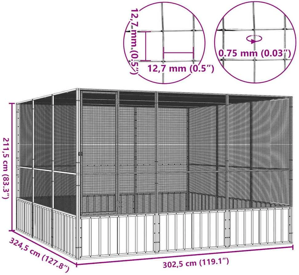 Paukščių narvas, pilkas, 302,5x324,5x211,5cm, plienas