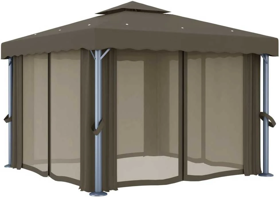 Pavėsinė su lemputėmis ir užuolaidomis LED, taupe, 3x3m