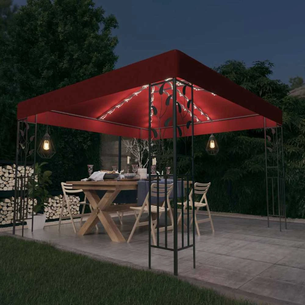 Pavėsinė su lemputėmis LED, vyno raudona, 3x3 m