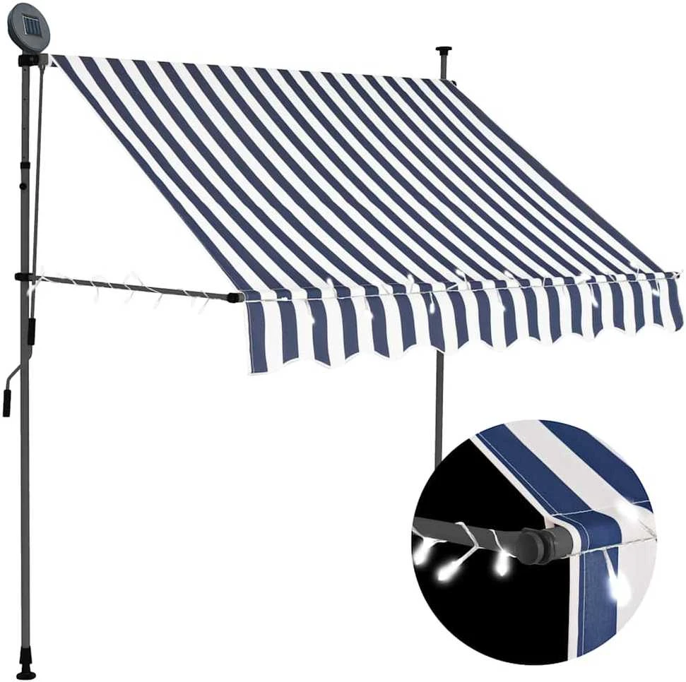 Rankinė ištraukiama markizė su LED, mėlyna ir balta, 200cm