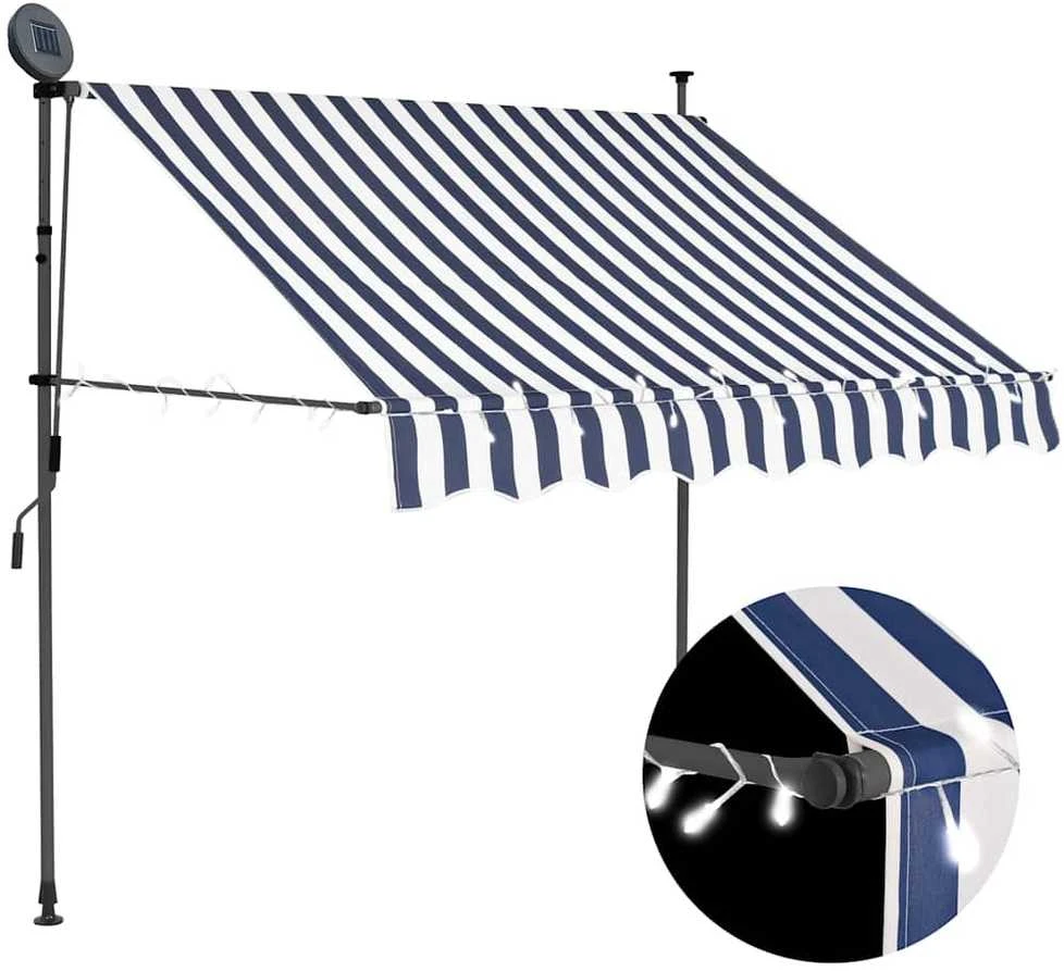 Rankinė ištraukiama markizė su LED, mėlyna ir balta, 150cm