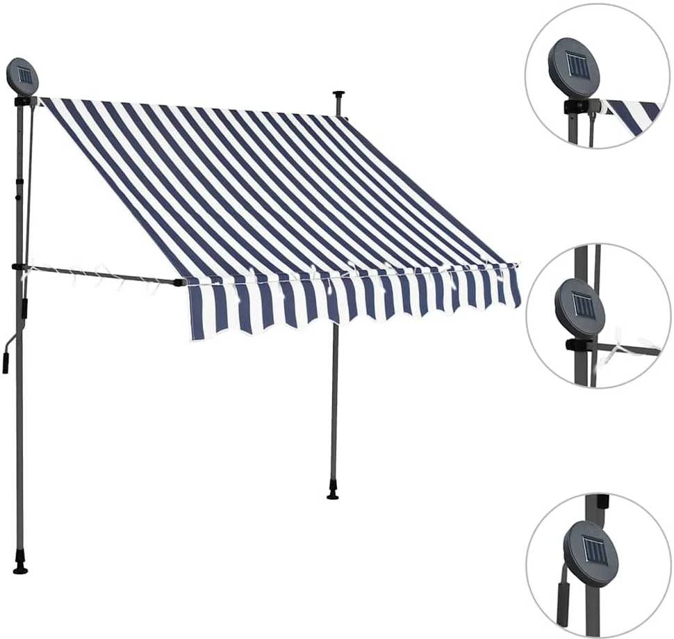 Rankinė ištraukiama markizė su LED, mėlyna ir balta, 200cm