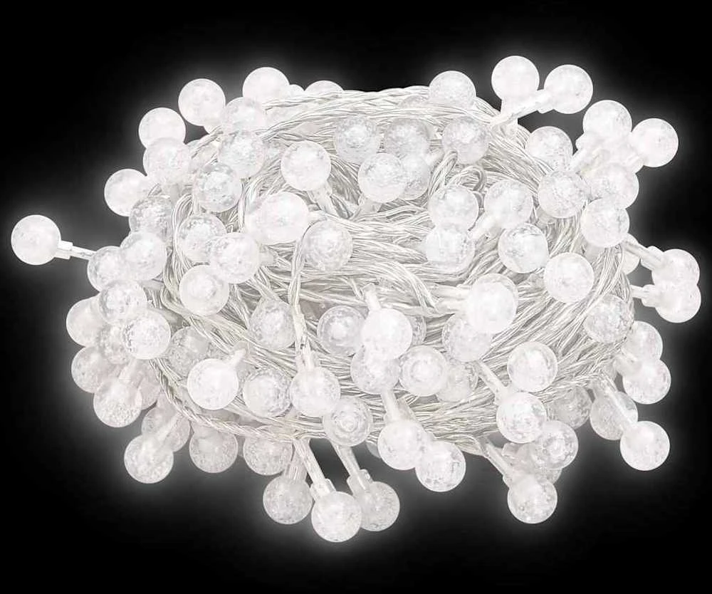 Rutuliukų girlianda, 20m, 200 šaltų baltų LED, 8 funkcijos