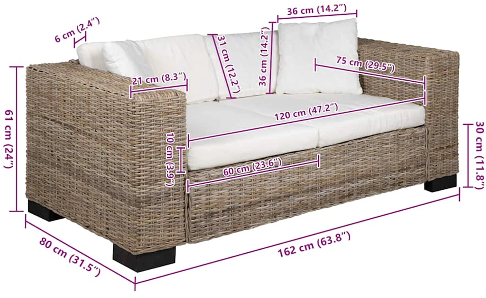 Sofa Septynių dalių dvivietės sofos komplektas, ratanas