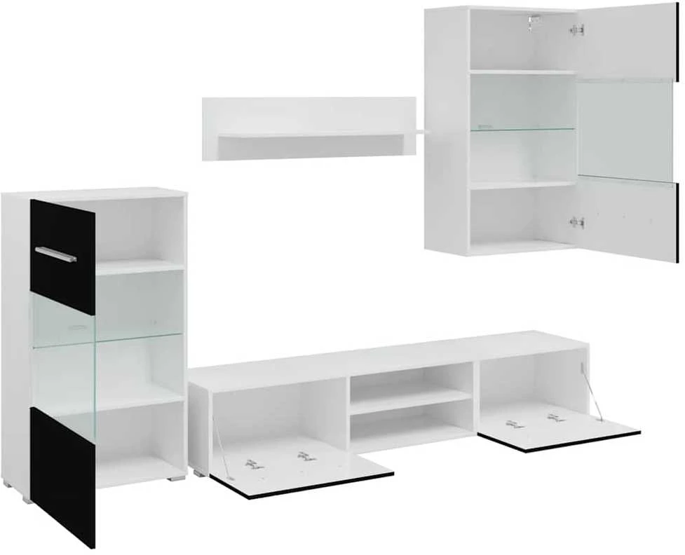 TV staliukas Sieninė televizoriaus spintelė su LED apšvietimu, 5d., juoda