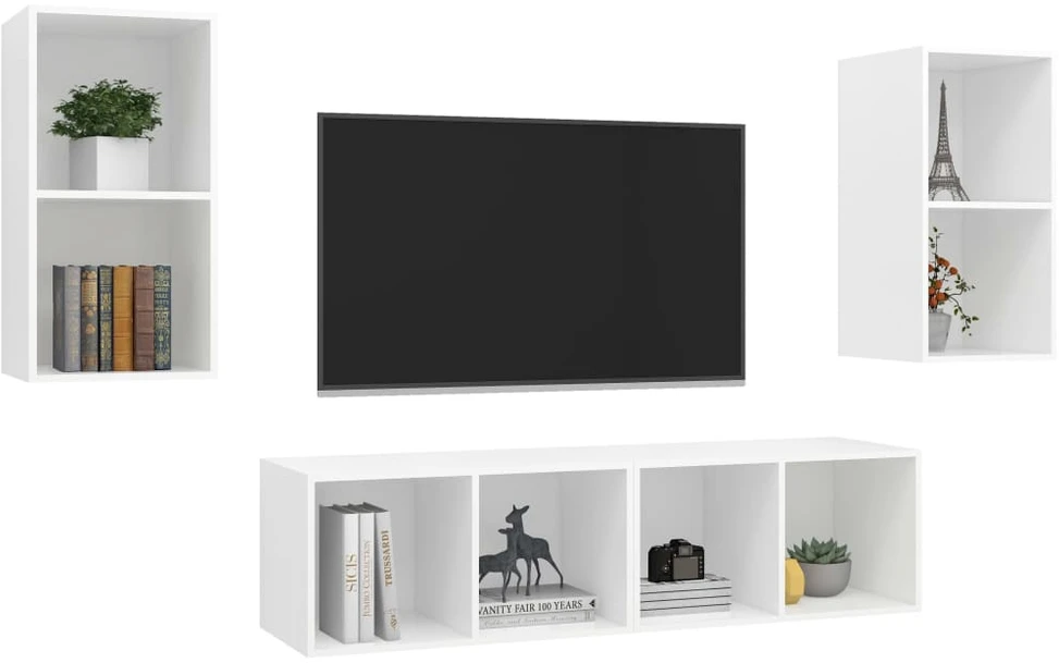 TV staliukas Sieninės televizoriaus spintelės, 4vnt., baltos, mediena