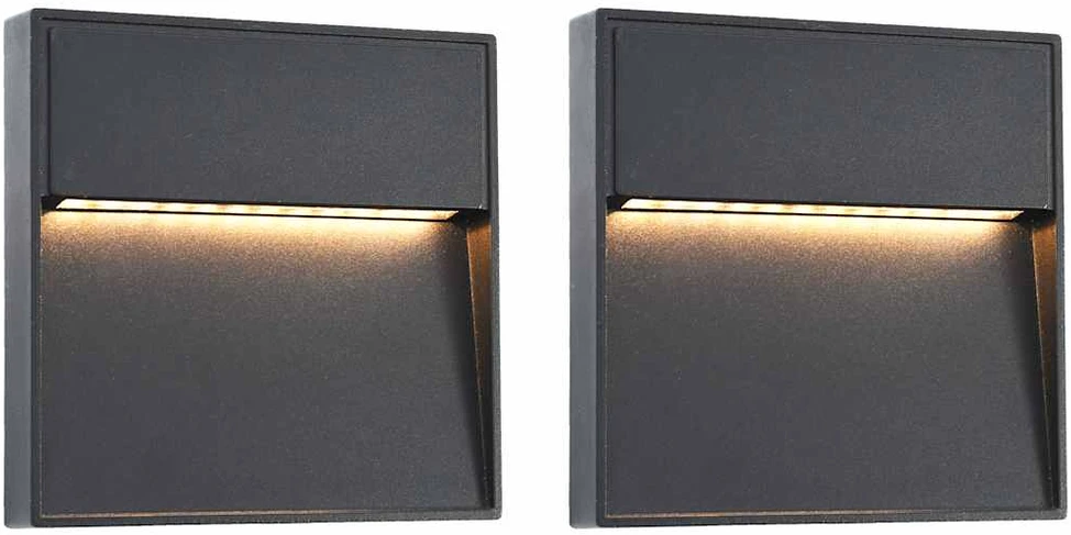 Sieniniai LED lauko šviestuvai, 2vnt., juodi, 3W, kvadratiniai