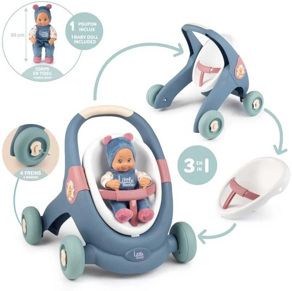 Smoby Vaikų Paspirtukas 3in1 Vežimėlis + Mergaitė Bobas
