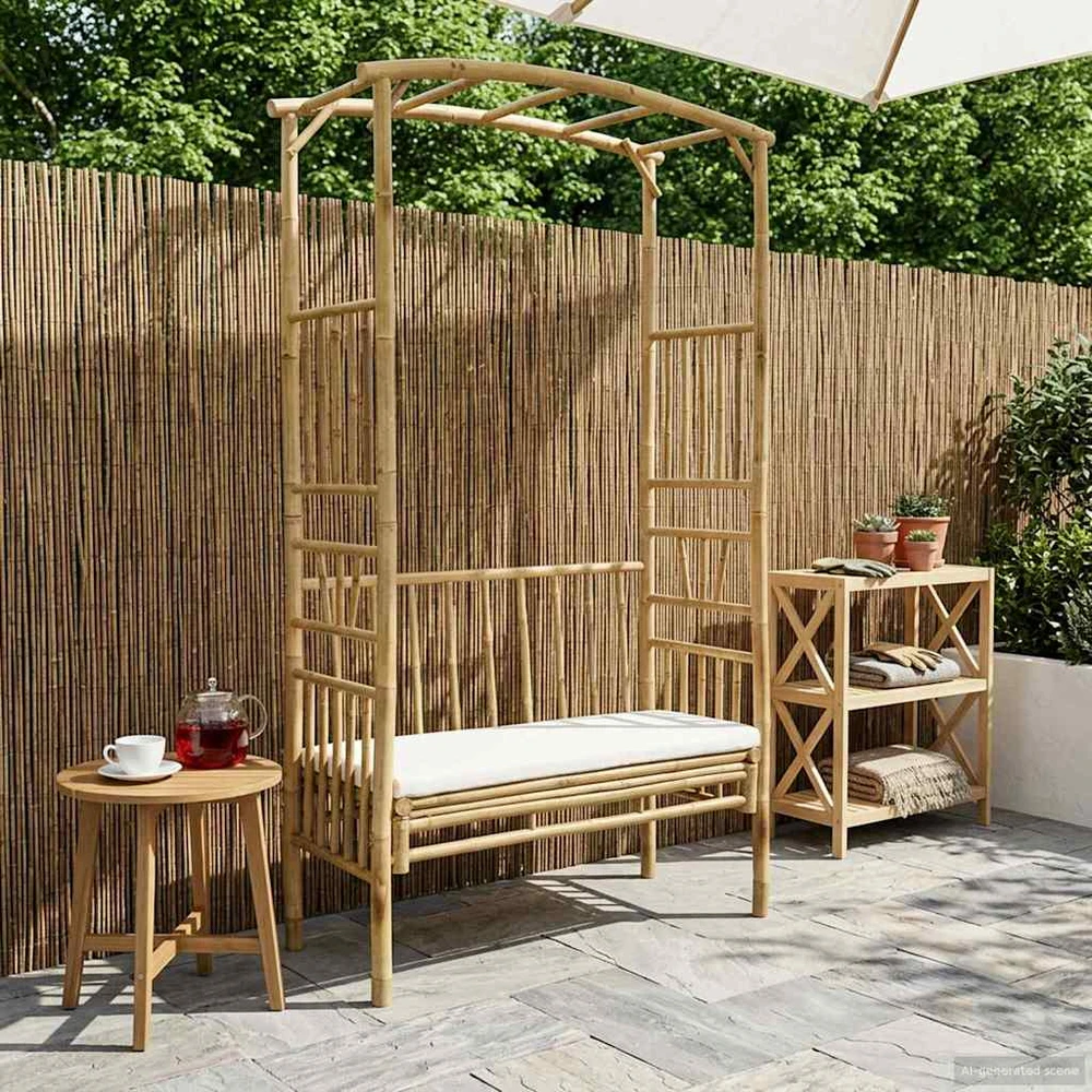 Sodo arka su suoliuku Kreminė balta 115 x 50 x 205 cm Bambukas