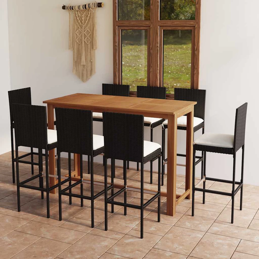 Lauko baldų komplektas Sodo baro baldų komplektas su pagalvėlėmis, 9 dalių, juodas