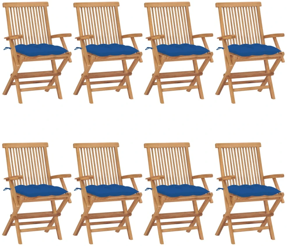 Sodo kėdės su mėlynomis pagalvėlėmis, 8vnt., tikmedžio masyvas