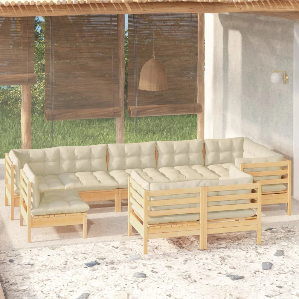 Lauko baldų komplektas Sodo komplektas su kreminėmis pagalvėlėmis, 9 dalių, pušis
