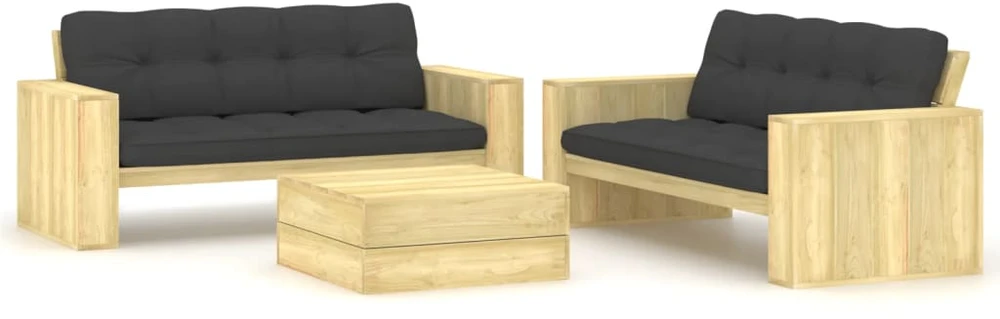 Lauko baldų komplektas Sodo komplektas su pagalvėlėmis, 3 dalių, impregnuota pušis