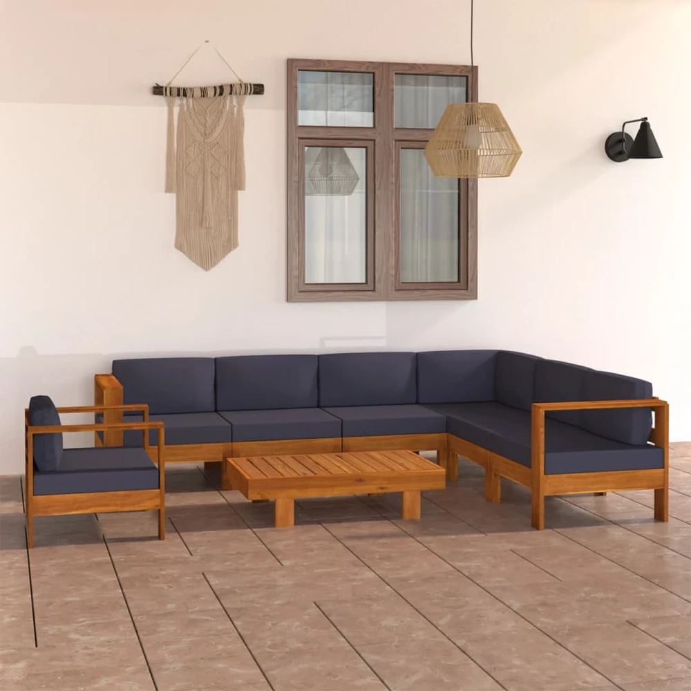 Lauko baldų komplektas Sodo komplektas su pilkomis pagalvėmis, 8 dalių, akacija