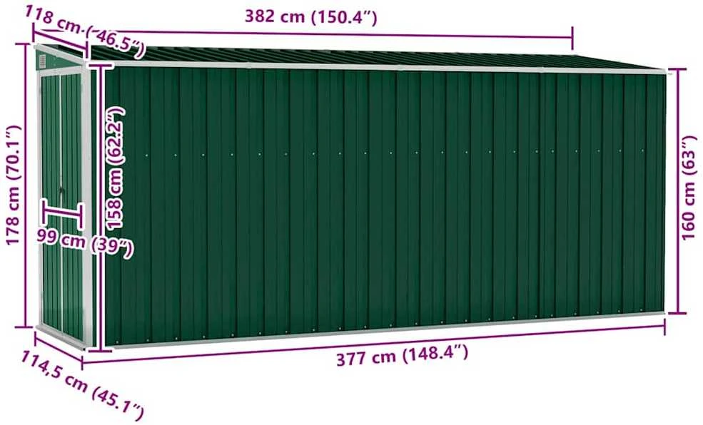 Sodo pašiūrė, žalia, 118x382x178cm, galvanizuotas plienas