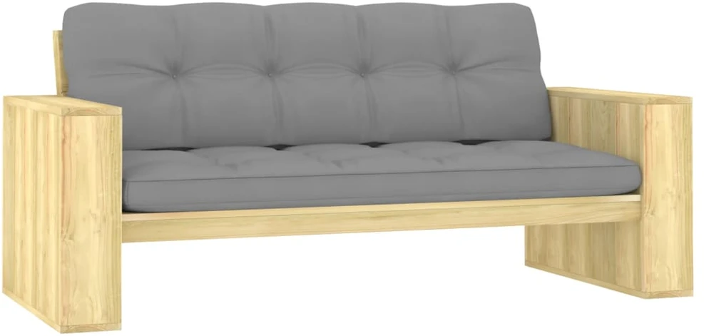Sodo suoliukas su pilkos spalvos pagalvėlėmis, 179cm, pušis