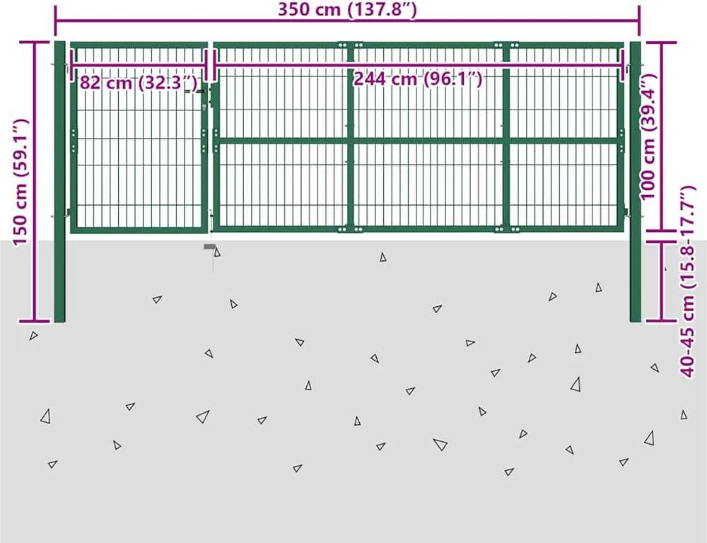Sodo/kiemo vartai, su stulpais, žali, 350x100cm, plienas