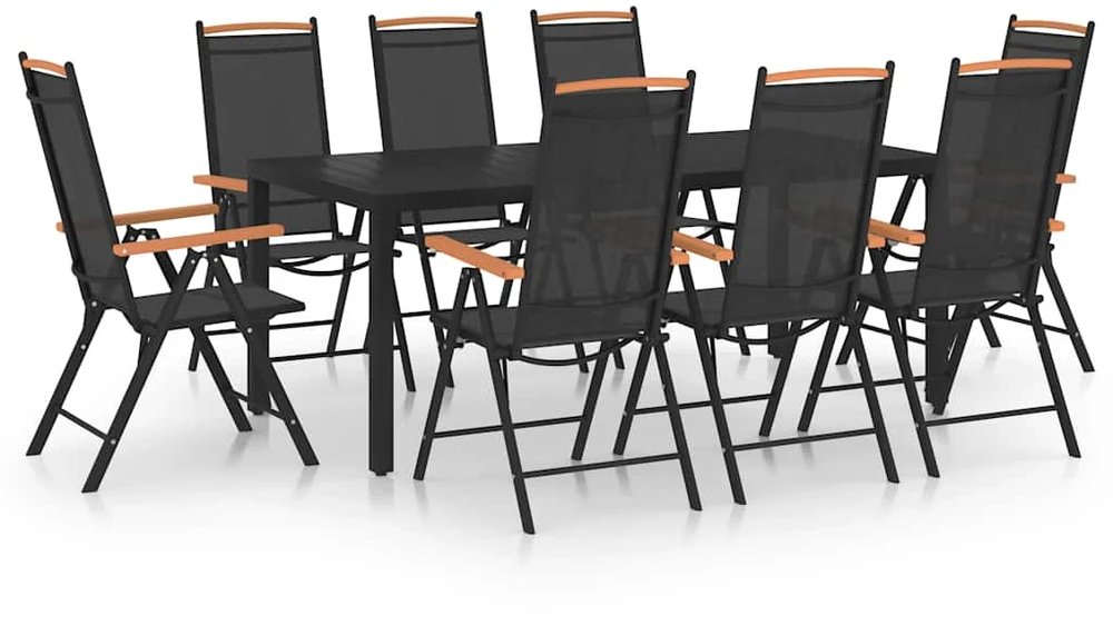 Lauko baldų komplektas Sodo valgomojo baldų komplektas, 9 dalių, juodas, aluminis