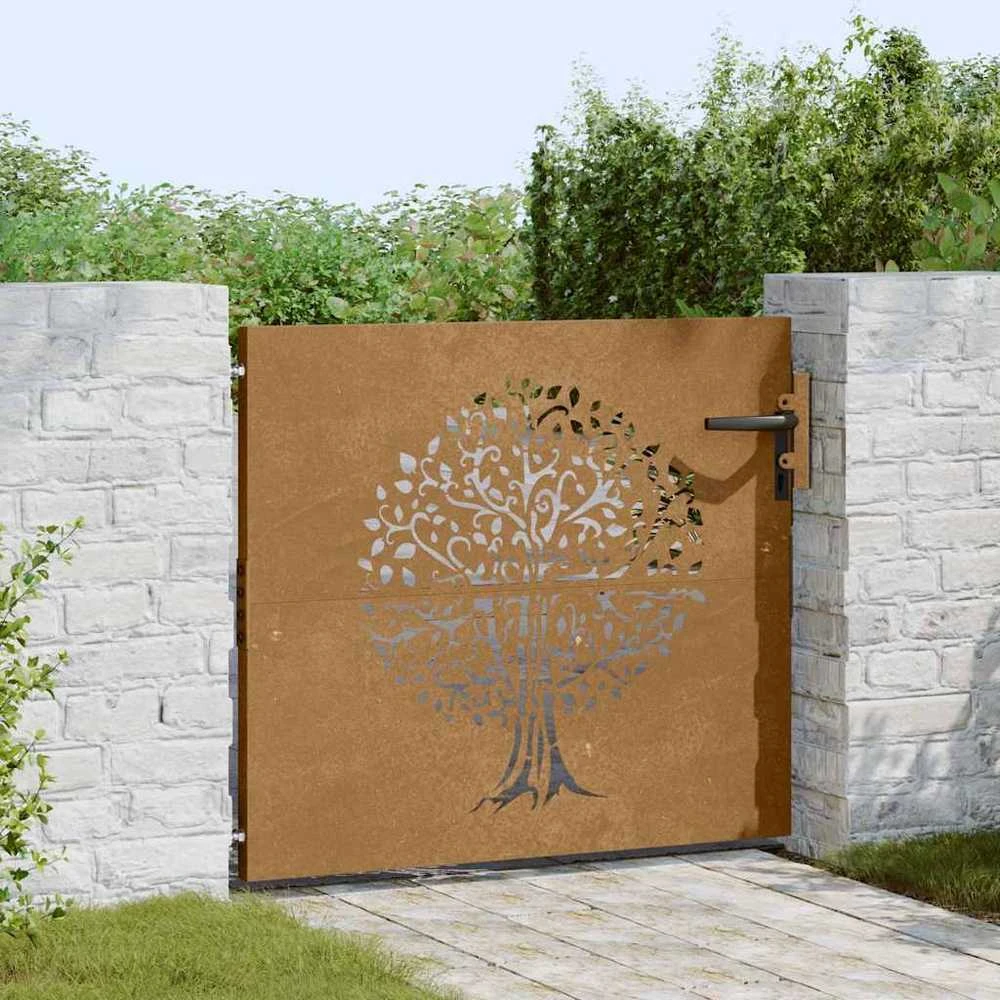 Sodo vartai, 85x75 cm, Corten plienas, medžio raštas