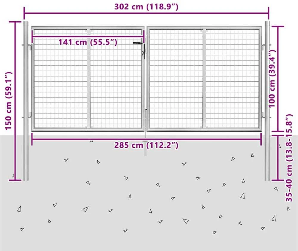 Sodo vartai, sidabrinės sp., 306x150cm, galvanizuotas plienas
