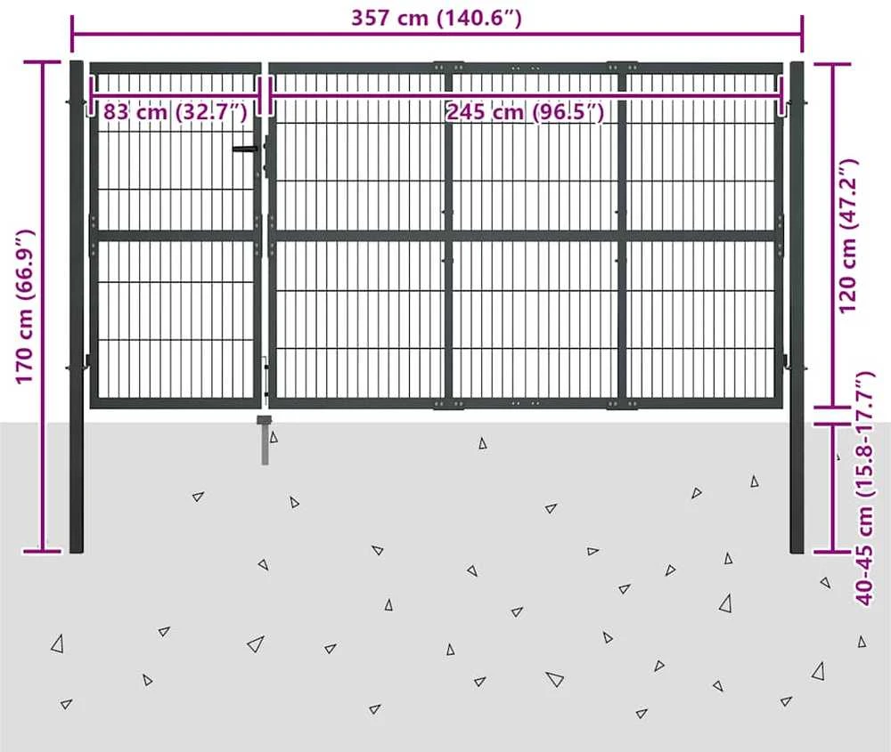Sodo vartai su stulpais, antracito sp., 350x120 cm, plienas
