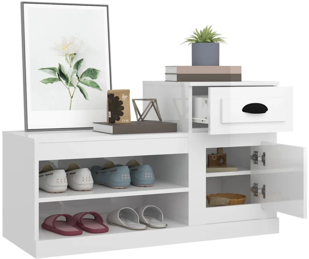 Spintelė batams, balta, 100x42x60cm, apdirbta mediena, blizgi